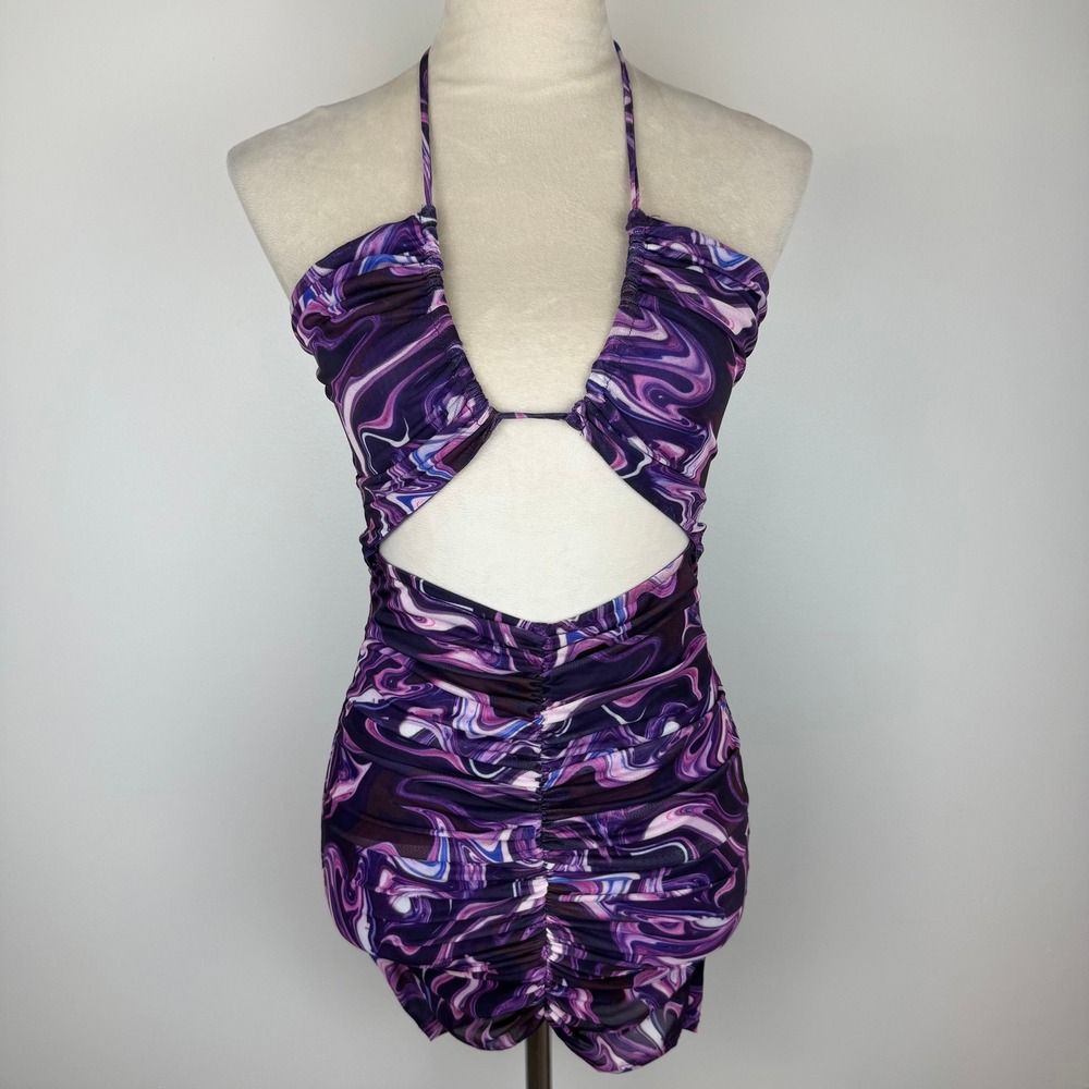 Blanc Clothing Purple Marble Swirl Mesh Ruched Cutout Halter Mini Dress Sz Small